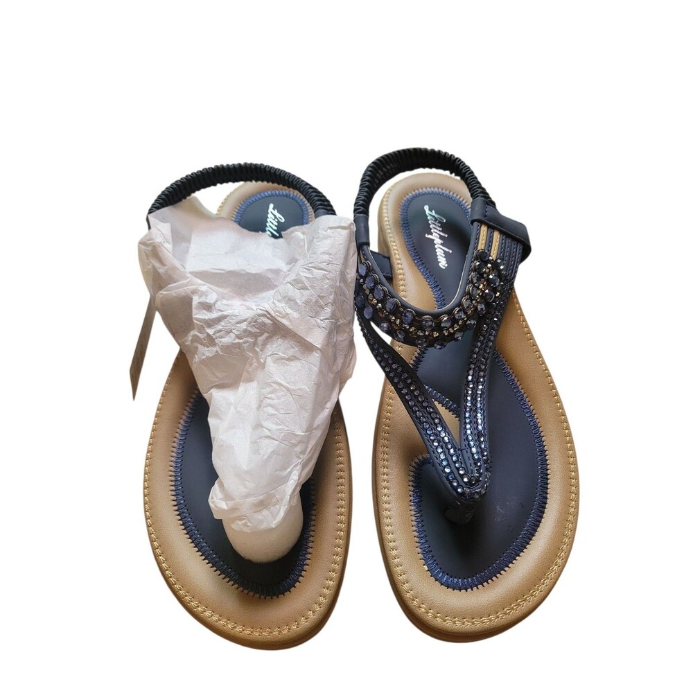 NIB Women's Size 7.5 Littleplum Navy Blue Beaded Strap Sandals Beautiful Comfort